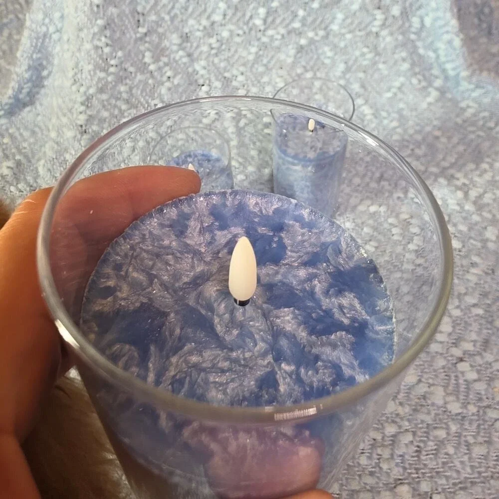 Living Embossed Blue Christmas Holiday 3-Piece LED Candle‎ Set E2